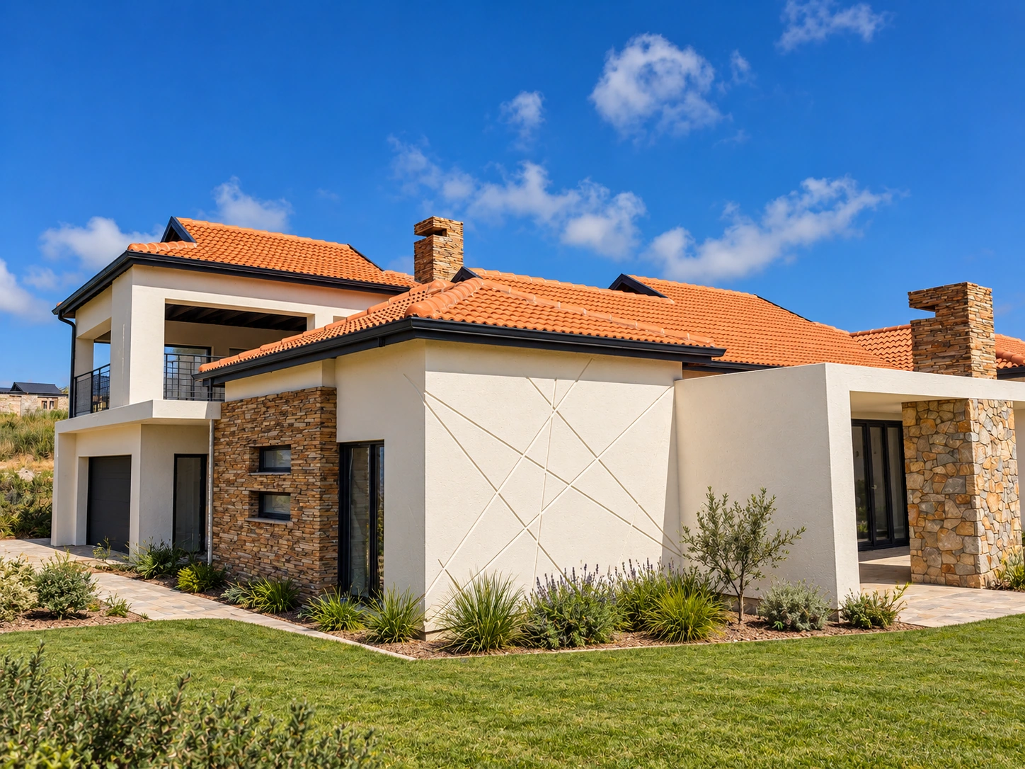 AI completion of the actual construction photo with finished facade, glazing and landscaping